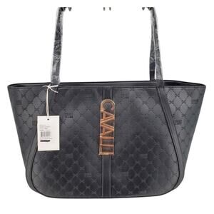 Cavalli Class Sandra Shopper Tote Bag Black Debossed Designer Tote Handbag NWT